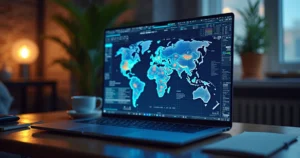 Laptop aberto mostrando gráficos e indicadores de desempenho de campanhas digitais em ambiente de escritório moderno