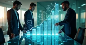 Profissionais analisando gráficos digitais com ícones de SEO e inbound marketing em tela transparente