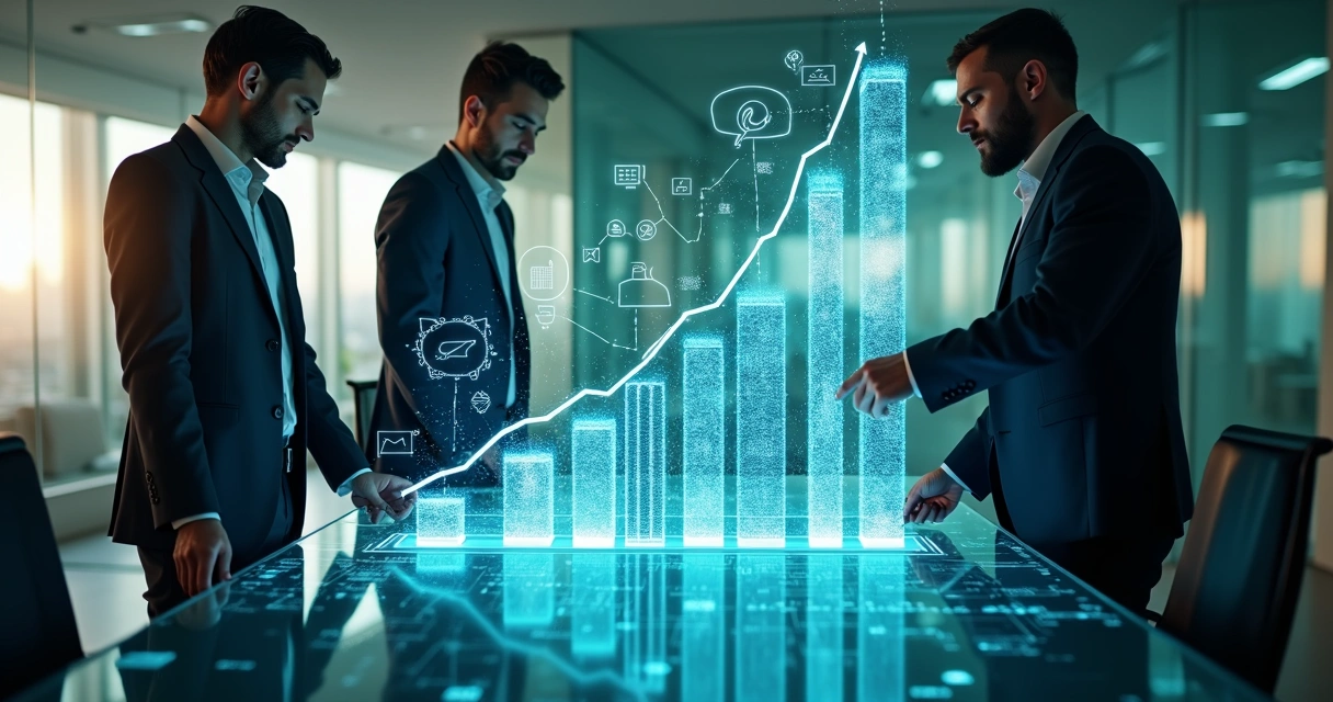 Profissionais analisando gráficos digitais com ícones de SEO e inbound marketing em tela transparente