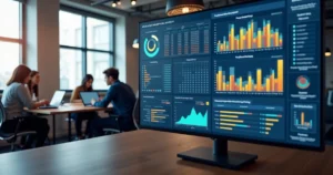 Tela de computador mostrando gráficos e dados analíticos para propensão a compra com equipe de marketing digital discutindo ao fundo