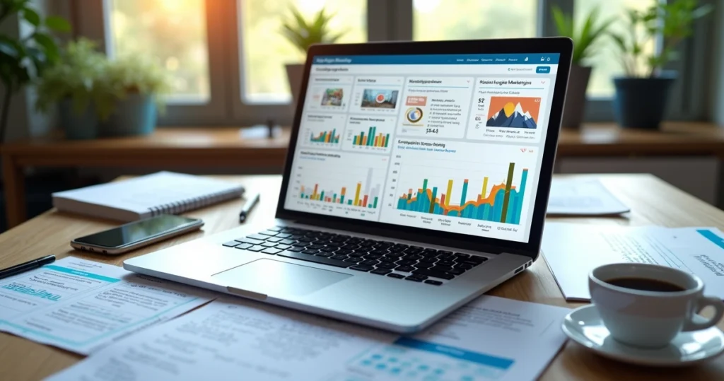 Mesa de escritório com laptop mostrando dashboard de campanhas digitais, gráficos de desempenho e anúncios em redes sociais