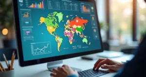 Tela de computador mostrando matriz RFV colorida com gráficos de clientes segmentados, dados digitais e interface de CRM moderna