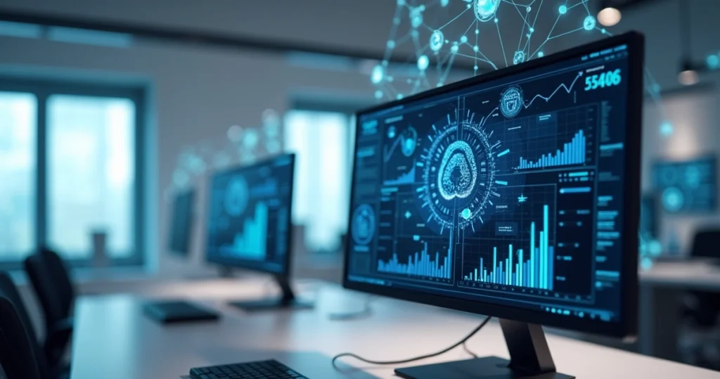 Tela de computador mostrando gráficos de dados com ícones de inteligência artificial e conexões de rede digital