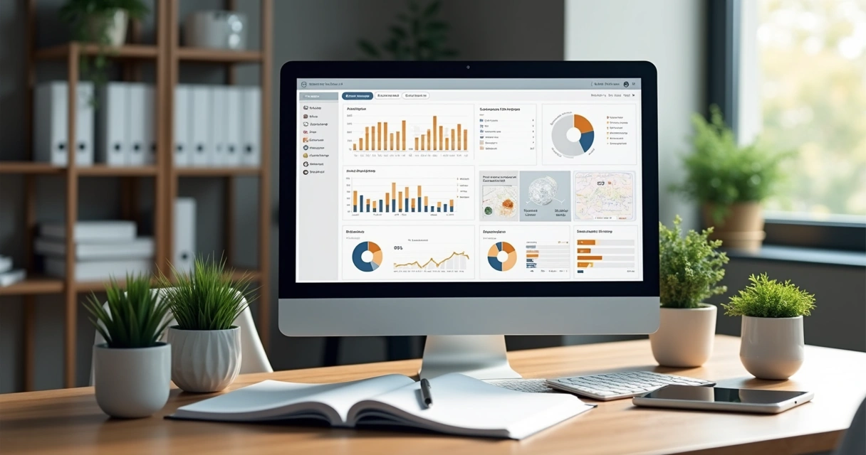 Mesa de trabalho com computador exibindo dashboard de CRM, cadernos, caneta, e plantas decorativas