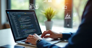 Pessoa escrevendo em notebook com anotações de marketing digital ao redor