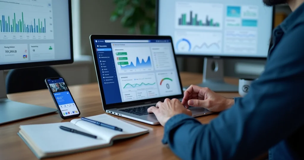 Empresário gerenciando campanhas no painel do Facebook Business em laptop