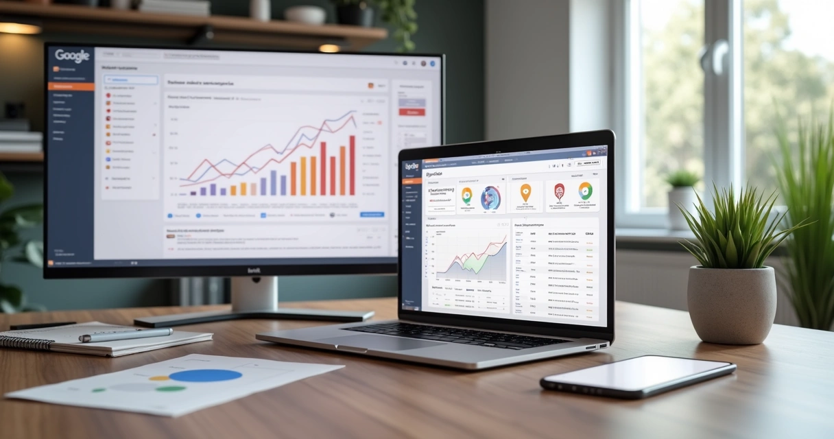 Tela de dashboard do Google Search Console com gráficos de SEO em um laptop sobre mesa de trabalho