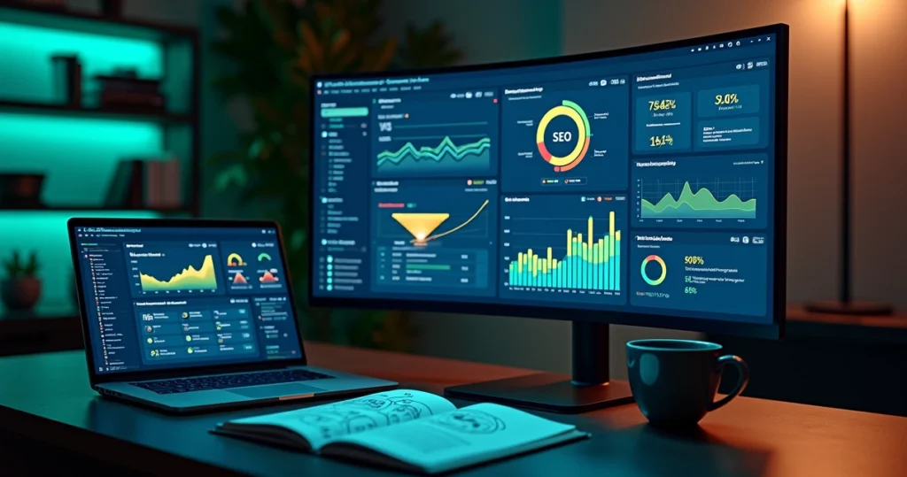 Painel com gráficos de SEO e anúncios pagos integrados em campanha digital