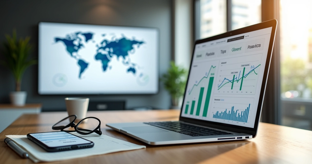 Painel de analytics exibindo crescimento de tráfego direto em um laptop sobre mesa de escritório moderno